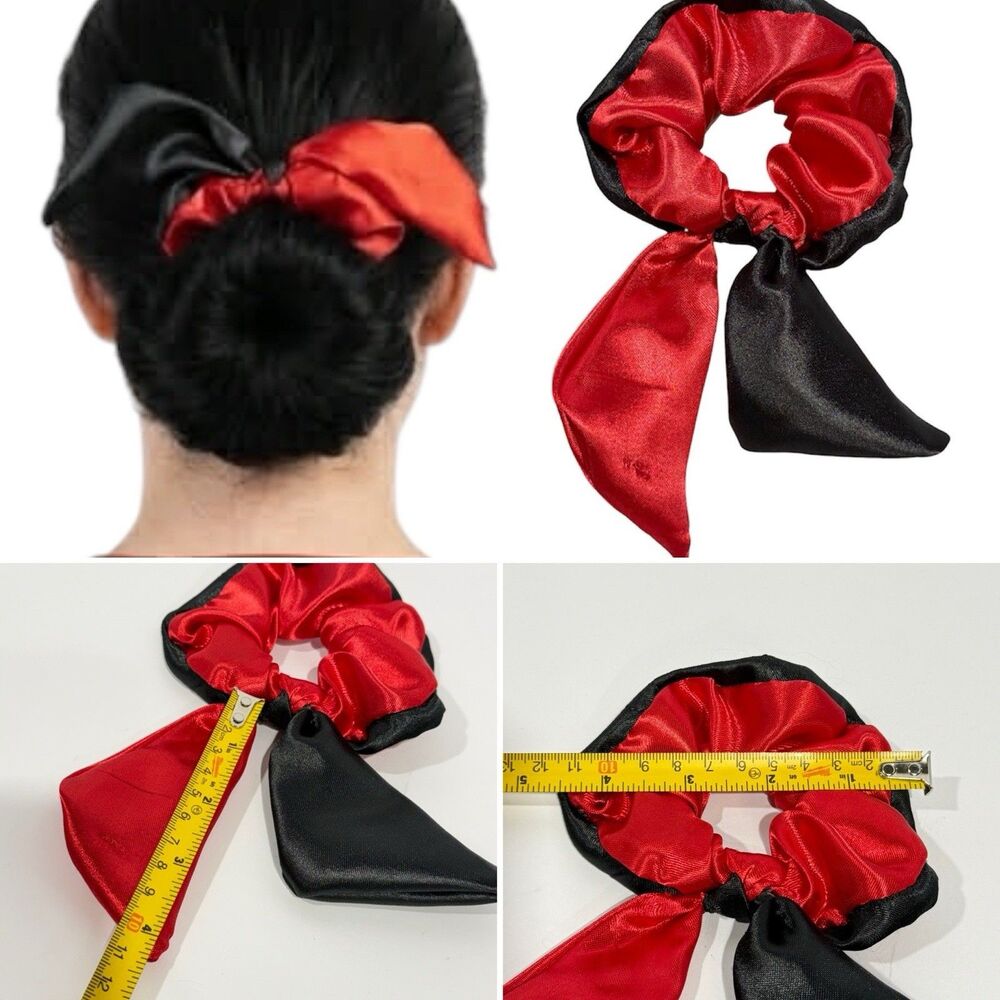 Handmade Red Black Satin Scrunchie Scarf Bow Hair Tie Ponytail Holder - Picture 11 of 11